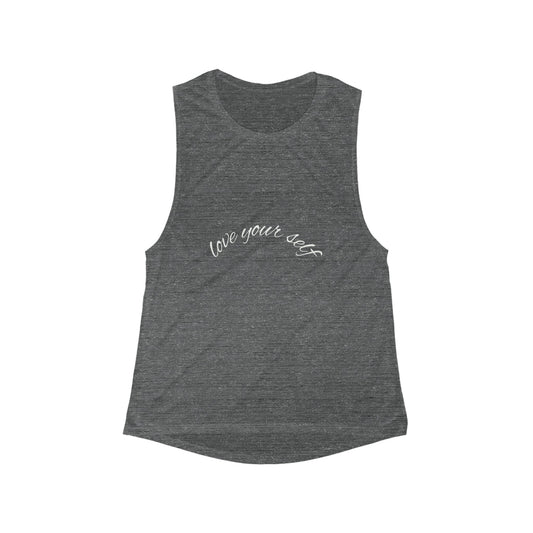 Women's Flowy Scoop Muscle Tank - 'Love Yourself' Motivational Top, Workout Shirt, Casual Wear, Gift for Her, Self-Love Tees